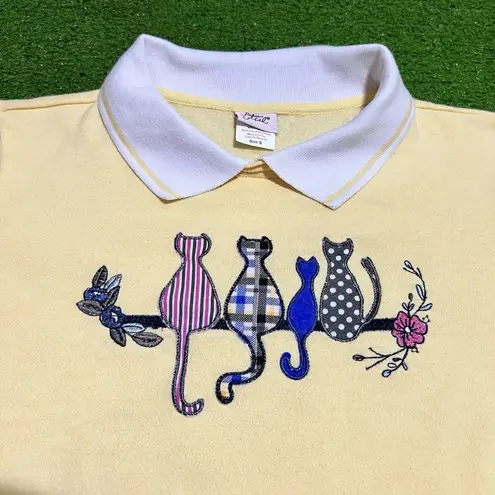 Vintage Cat Sweater Women SM 80s Butter Yellow Collard Sweatshirt Patchwork NWOT