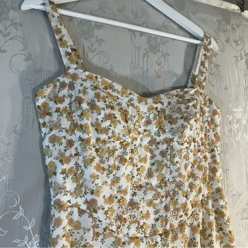 Moon River Cream Yellow Floral Print Lace Corset Midi Dress Small Brunch Girly