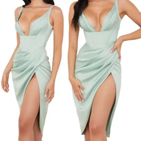 House Of CB HOUSE‎ OF CB FAYE PISTACHIO SATIN CORSET MIDI DRESS NWOT size XS