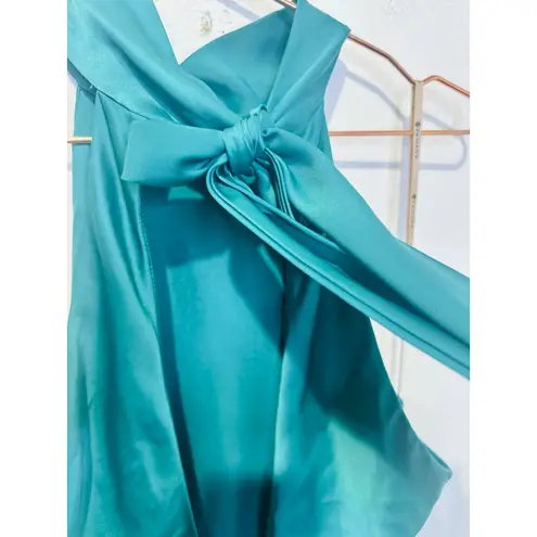 Faviana Green Satin Sleeveless Halter Neck Thigh-High Side Slit Gown Dress sz 14