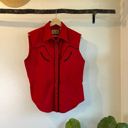 Scully Vintage Western Red Cotton Stitched Pearl Snap Button Shirt Size Medium