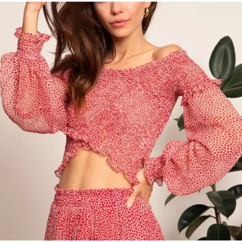 Lucy Paris Womens M Cynthia Smocked Top Red White Cropped Long Sleeve Boho