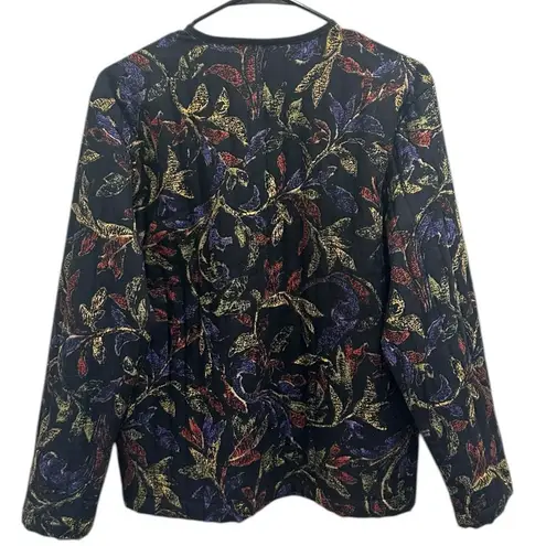 Vtg 80s Alicia Black Quilted Floral Jacket Leaf Print Cottage Fall Prairie Large