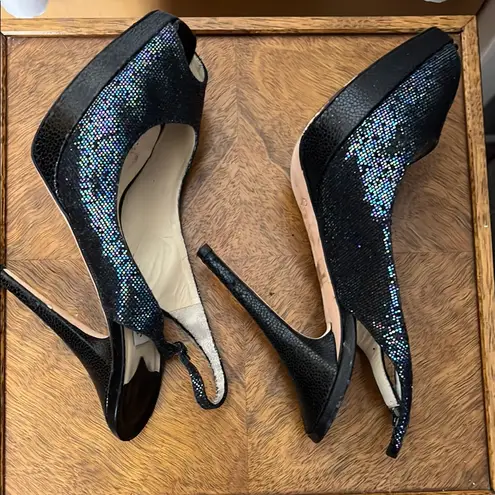 Jimmy Choo Black Glitter Peep Toe Slingback Heels Size 37/US 7