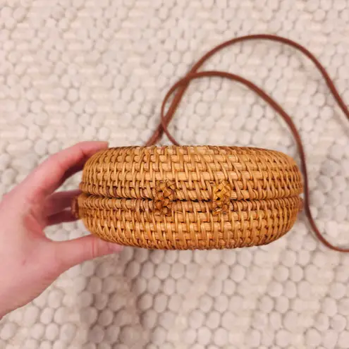 Round Rattan Crossbody Purse Natural Brown