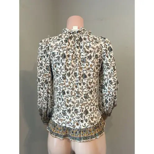 Shoshanna TAN FLORAL PAISLEY Printed Tie-Neck Puff Sleeve Blouse Top XS #158