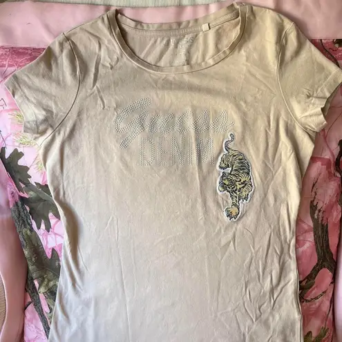 Guess y2k 2000s mcbling  denim nude rhinestone logo tee shirt with tiger