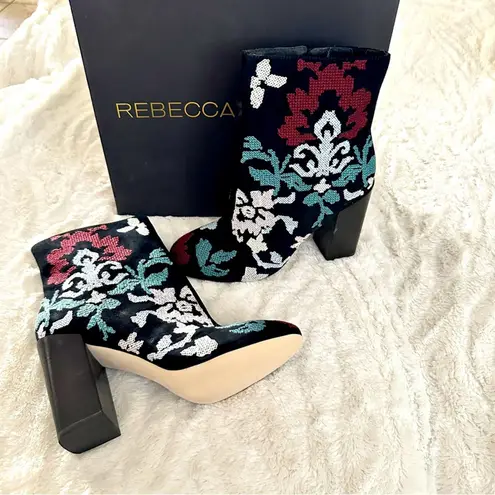 Rebecca Minkoff  Size 8 Bojana Black Unique Floral Ankle Boots Embroidered Heels