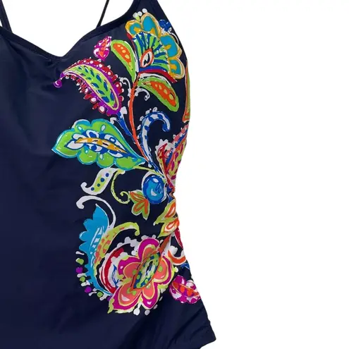 Anne cole NWT Paisley Pom Lace-Up One Piece Swimsuit Navy Blue Multi Size 14