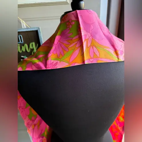 Vintage handmade hot pink floral psychedelic fringe neck scarf