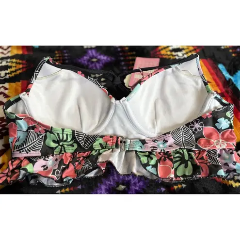 Alongshu Bikini Top Floral Black/Pink/Blue Molded Cups Tie Neck Ruffle Size XXL Black Size M