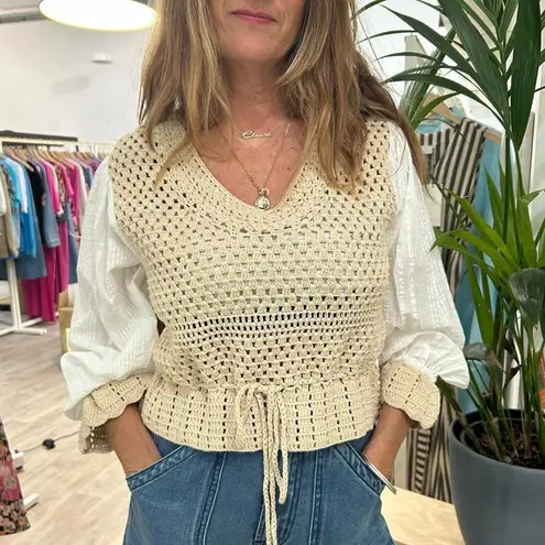 Elan Crochet Knit V-Neck Top Puff Sleeves Tassel Tie M 100% Cotton Beige Boho