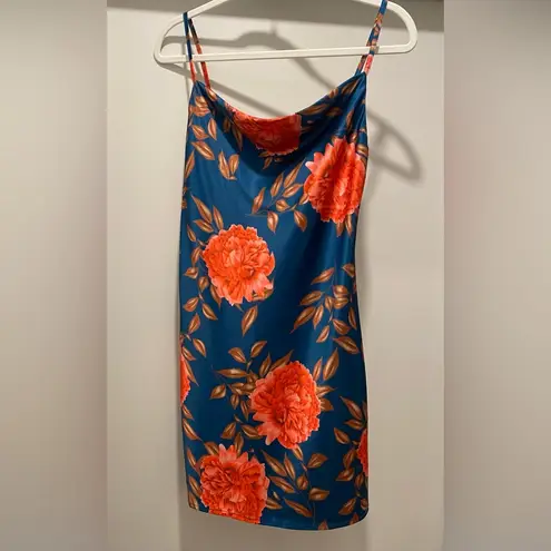 Cantonwalker Navy & Red Floral Cowl Neck Sleeveless Satin Slip Mini Dress