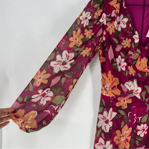 Maggy London Desert Bloom Floral Long Sleeve A-line Dress In Wine Ruffle Trim 2