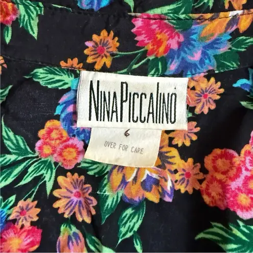 Vintage 80s Nina Piccalino Floral Button Down Shirt Dress Size 6 Black