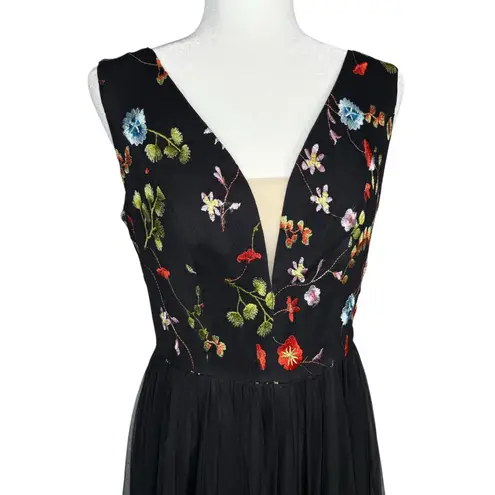 Vissavi Vintage Y2K 8 Tulle Illusion Mesh Dress Embroidered Floral Semi Formal Black