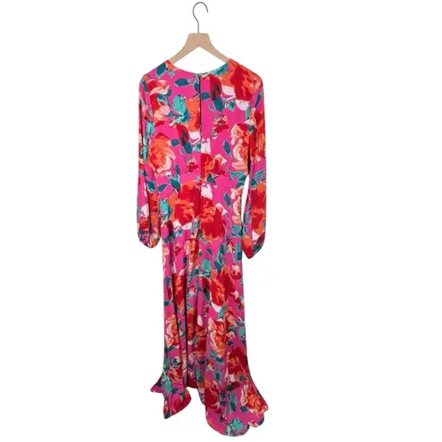 Lulus Carolita Magenta Floral Print Long Sleeve Maxi Dress Size Medium Side Slit Pink