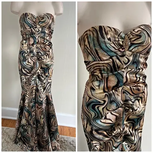 Xscape Strapless Ruched Marble Swirl Gown Size 6 Y2K Rhinestone Forma Blue