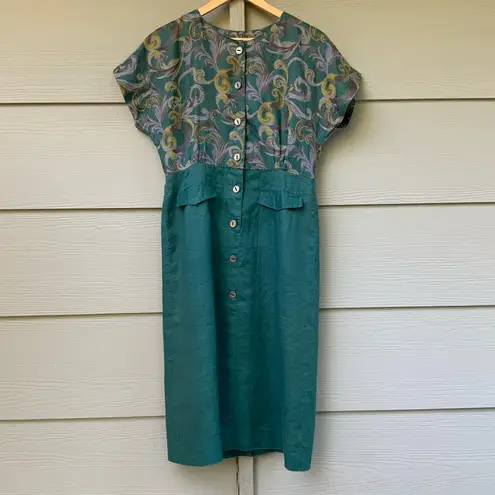 Vintage 80s Dress Linen Dress Green Pencil Skirt Floral Short Sleeves Button