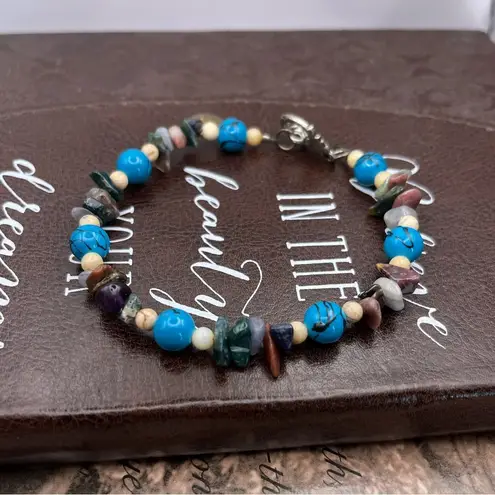 Handmade Gemstone Beaded Bracelet w/ Flower Clasp Boho Y2K Blue