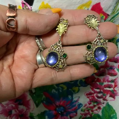 Gold Tone Spider Web Earrings with Purple & Green Stones