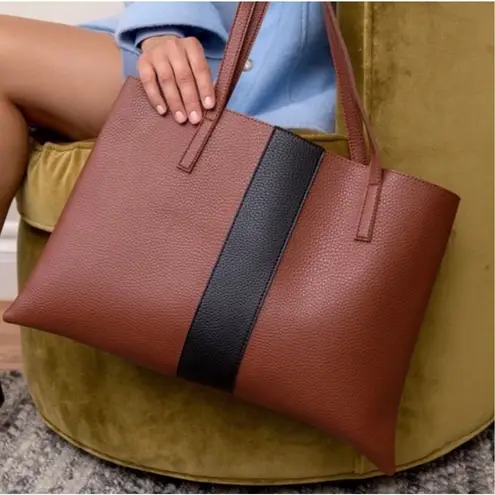 Vince Camuto Leather Shoulder Laptop Tote Bag, Purse Pebbled Brown and Black Str