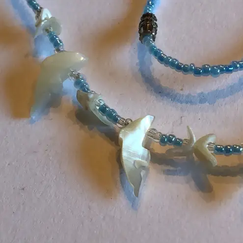 Vintage Blue  Seed Bead Beaded Carved Dolphin Shell Boho Necklace