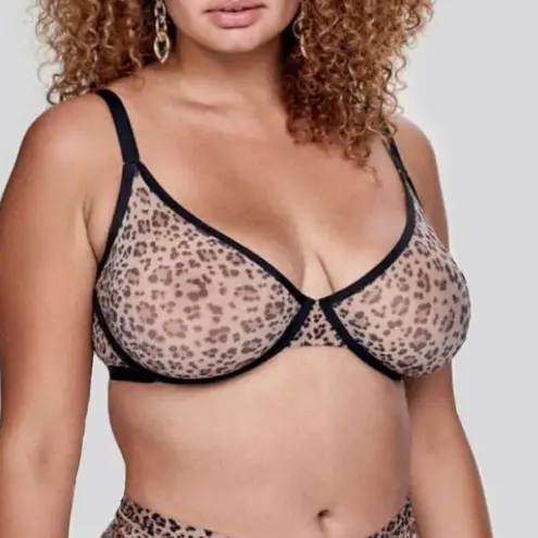CUUP Plunge Bra leopard print mesh womens Brown (size 34D) intimates sheer sexy
