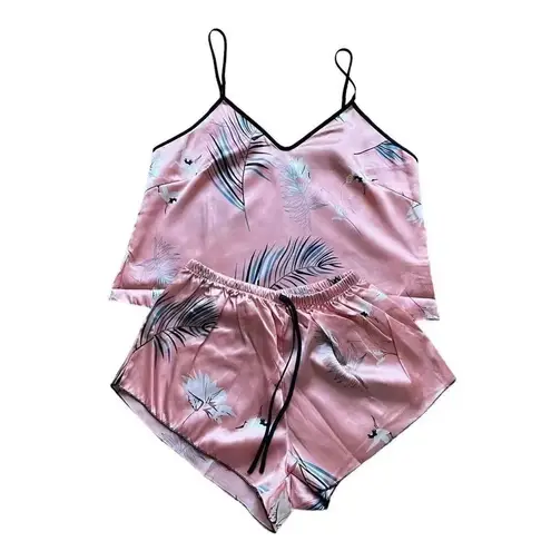 Bohemian Retro Plant Print Pajama Set, V Neck Cami Top & Short SZ S # 1634 Pink