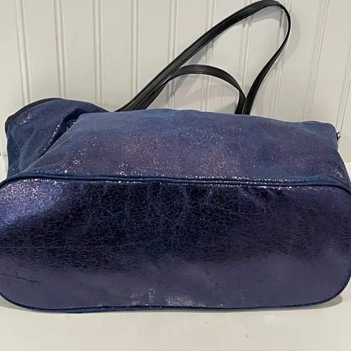 SORIAL New York Purple Metallic Tote Bag Leopard Print Interior Travel Shopper Black