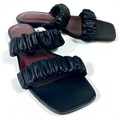 Staud Maya Ruched Slide Sandals Black EU 40 NEW Leather Double Strap Logo Size 9.5