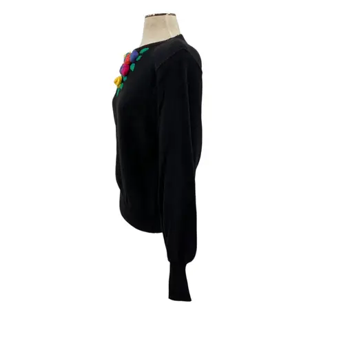 Bonnie Boerer Vintage Sweater Puff Sleeve Flower Applique Knit Size Medium Black