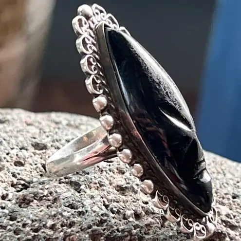 Taxco Mexican Mask 925 Sterling Silver Aztec Mayan Inca Face Tribal Large Ring Black