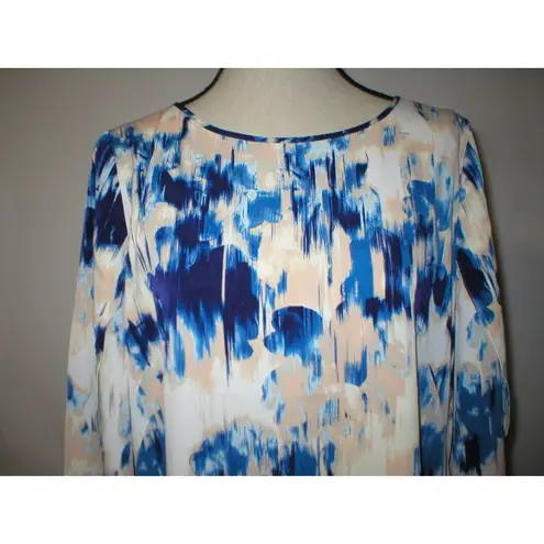 NYDJ Womens 10 NWT $145 Mosaic Shift Dress Blue Peach White Slit Sleeves Silky