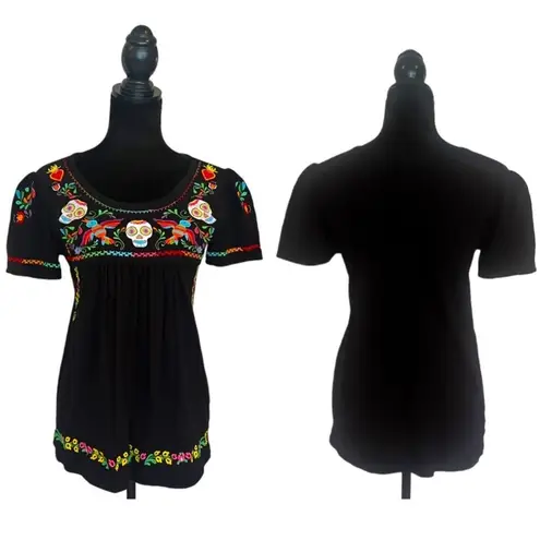 Embroidered Black Women's Top Mardi Gras day of the dead