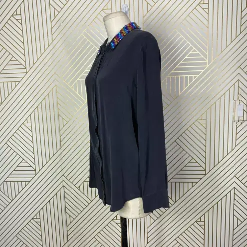 Equipment Rainbow Jeweled Collar Silk Button-Down Blouse Gray Size US Small