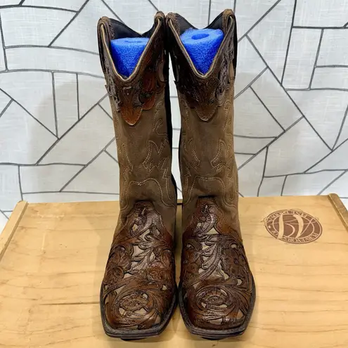 Womens Roper Cowboy Boots Size 11 Brown Suede Tooled Leather Floral Western