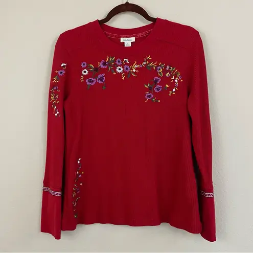 Sundance Red Frosty Fields Floral Embroidered Crewneck Thermal Velvet Top PL