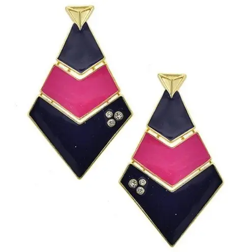 GOLD TONE BLUE & PINK CLEAR RHINESTONE EARRINGS