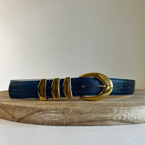 Amanda Smith Vintage 90s Blue Genuine Leather Golden Buckle Belt Size Large