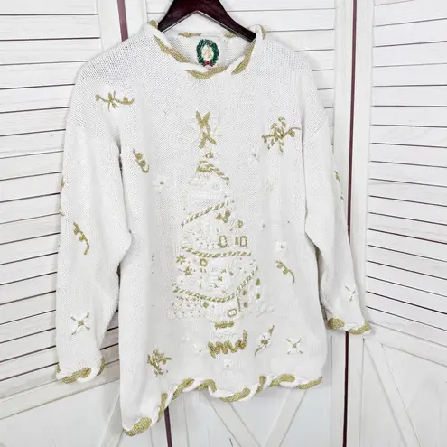 Vintage 90s JK Designs Christmas Tree Chunky Oversized Sweater White Gold 18