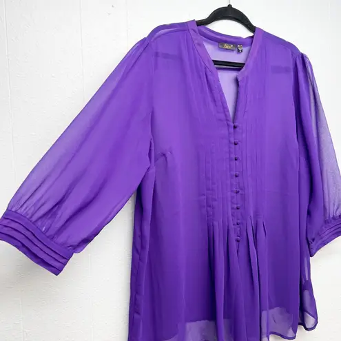 Dex Sheer Top Womens 2X Button Front Relaxed Romantic Party Cocktail Formal Chic Purple
