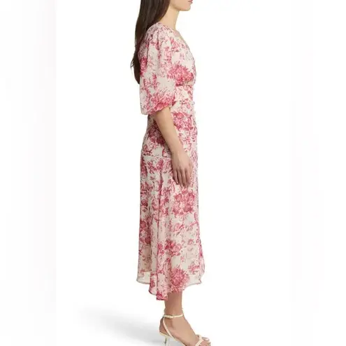 Chelsea28 Forget Me Not Floral Print Puff Sleeve Midi Dress in Beige and Pink