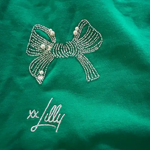 Lilly Pulitzer  Holiday Ballad Cotton Green Sweatshirt Silver Bow Embellishment