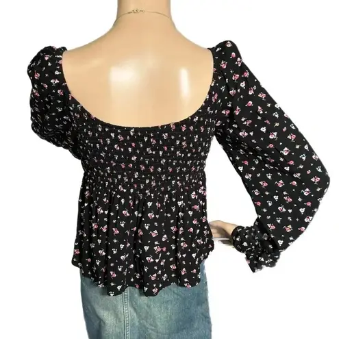 Daisy & Delilah Boho Black Floral Top Smocked Bodice Long Bell Sleeve Women’s M Size M