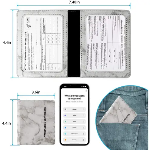 Waterproof Travel Vaccine Card Holder Cover Protector PU Leather Marble 4”x3”