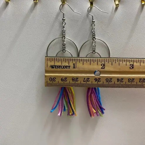 None Rainbow Tassel Fringe Double Hoop Earrings Silver