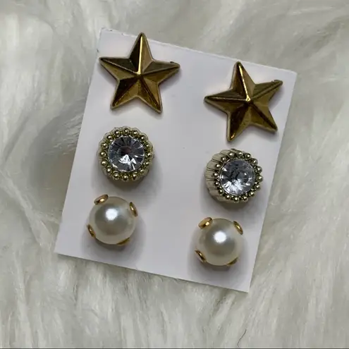 3 Gold Stud Earrings Bundle Star, faux Pearl Plastic