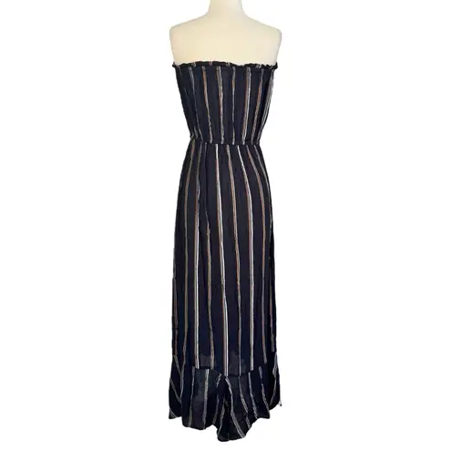 Elan Strapless Striped Black Maxi Cover-Up Summer Dress High Front Slit Size M