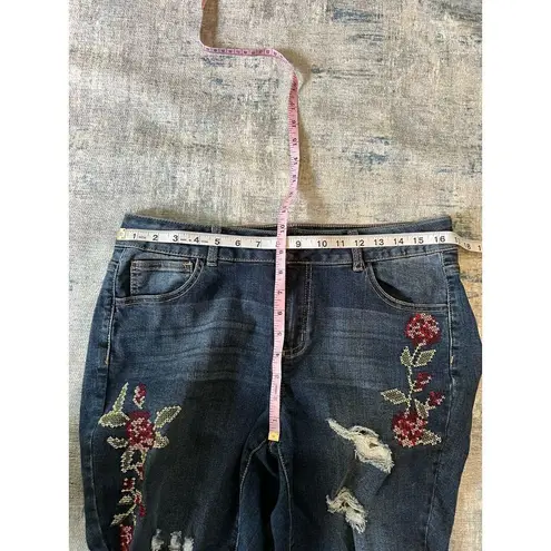 One 5 One Cross Stitch Embroidered Floral Distressed Cropped Jeans Size 14